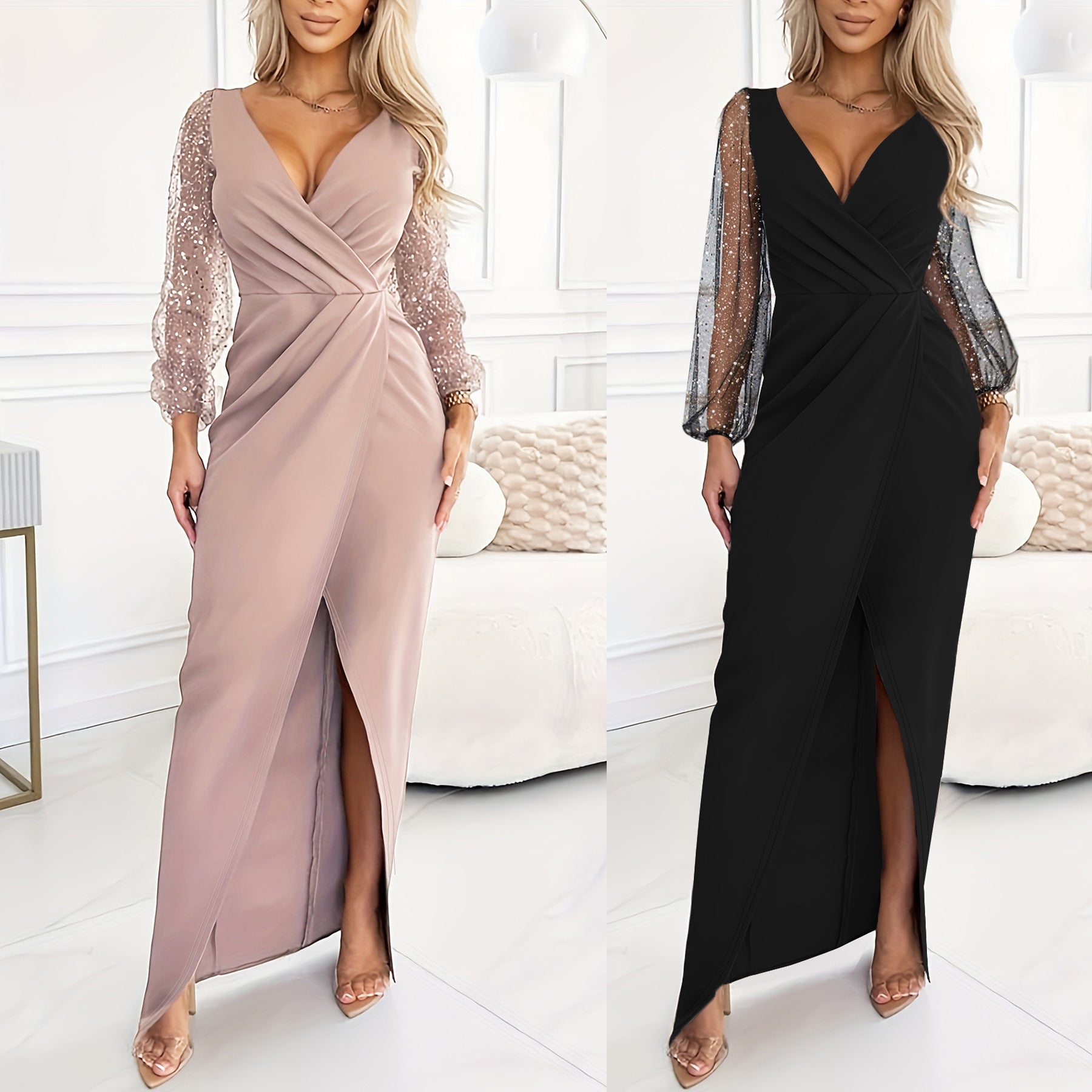 Sequined V-neck Hip Sexy Mesh Dress