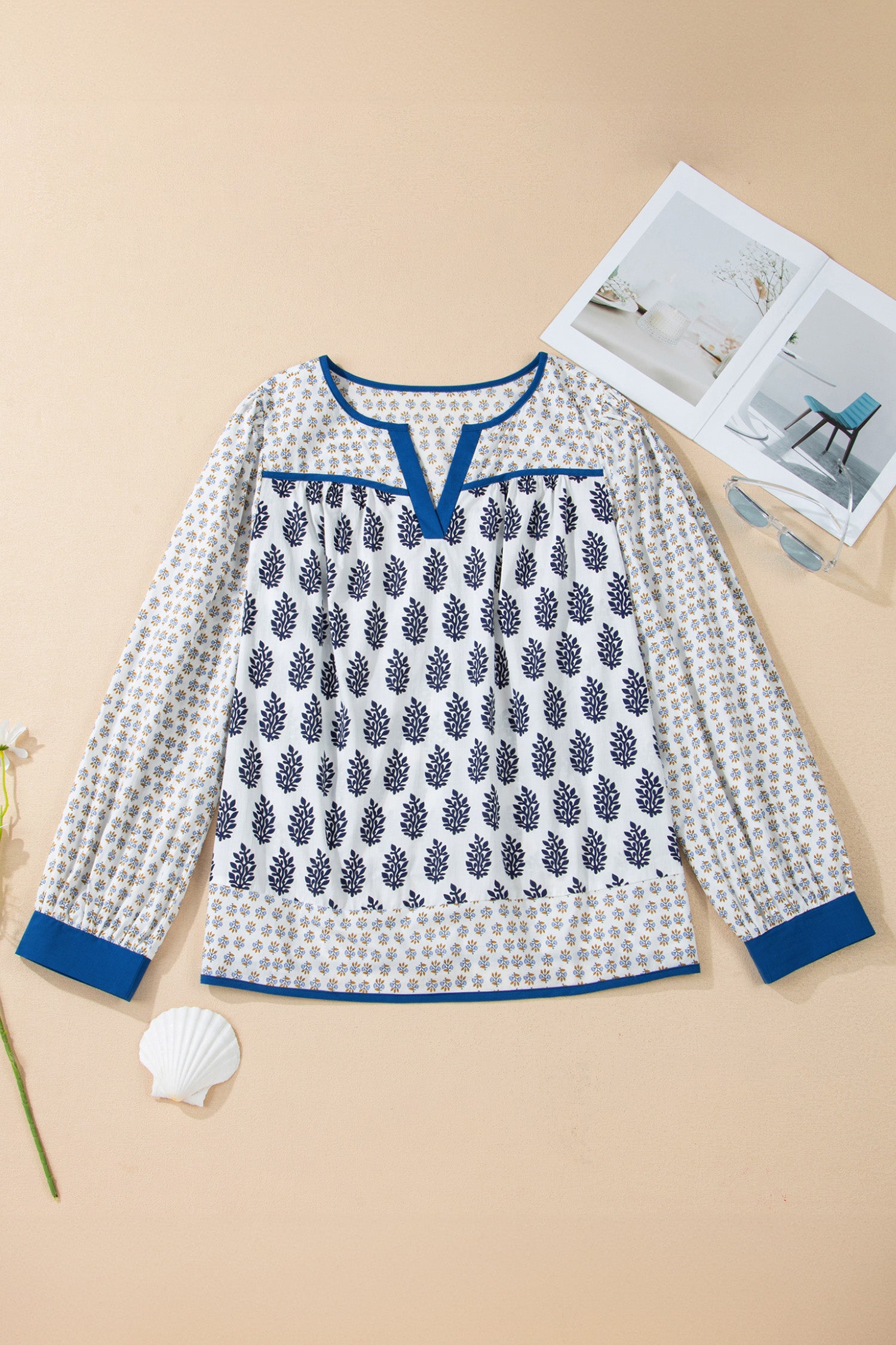 White Plus Size Boho Floral Print Contrast Trim Split Neck Puff Sleeve Patchwork Blouse