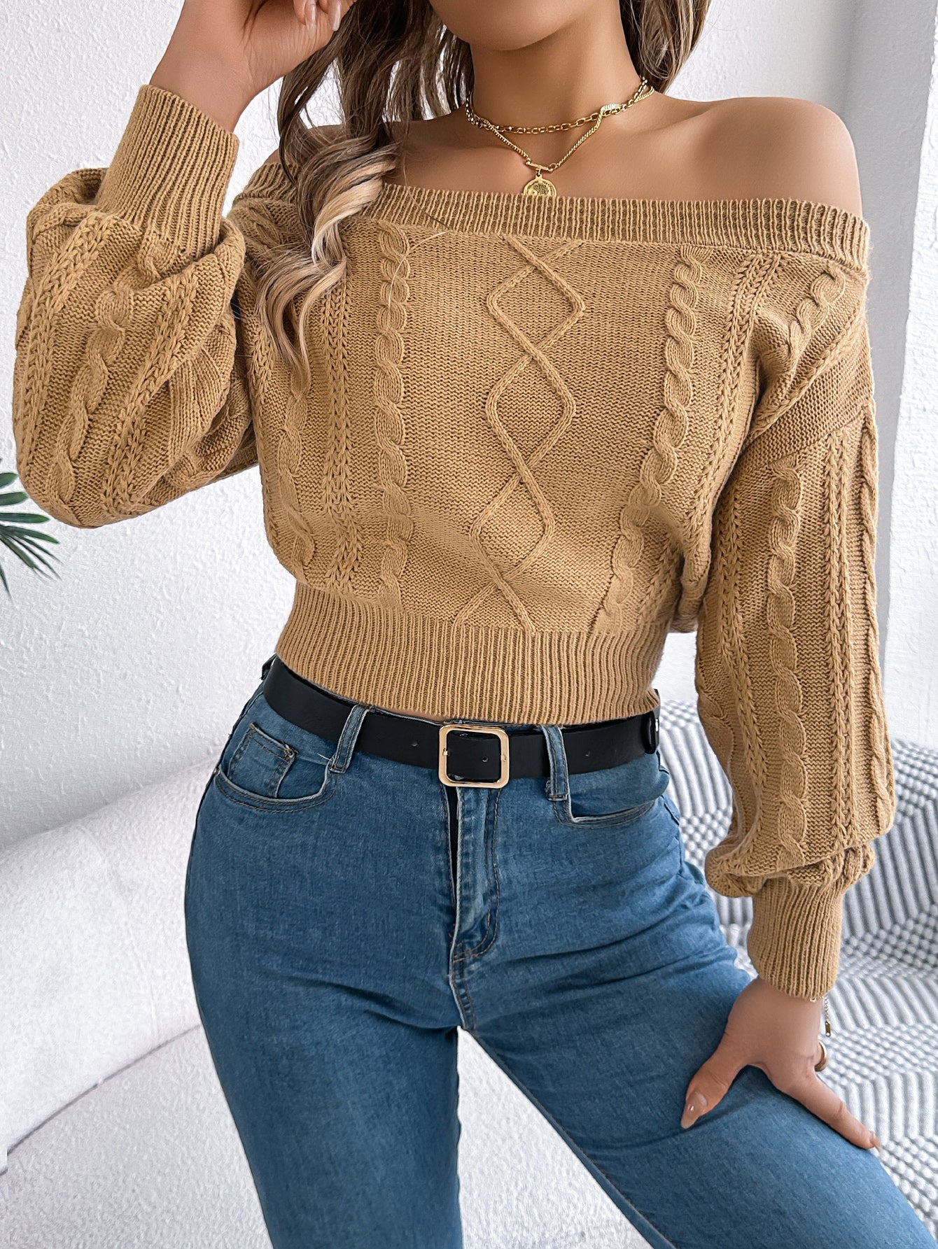 Women Casual Solid Color Off-Shoulder V-Neck Long Sleeve Pullover Sweater