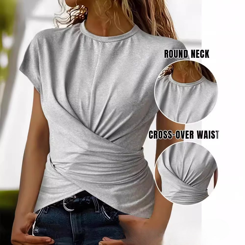 Womens Fashion Round-neck Crossover Short-sleeve Top