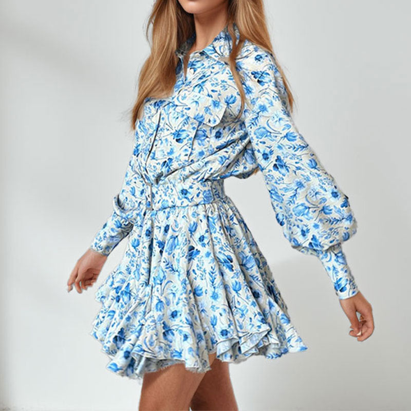 Fashionable Floral Print Dress With Lantern Sleeves