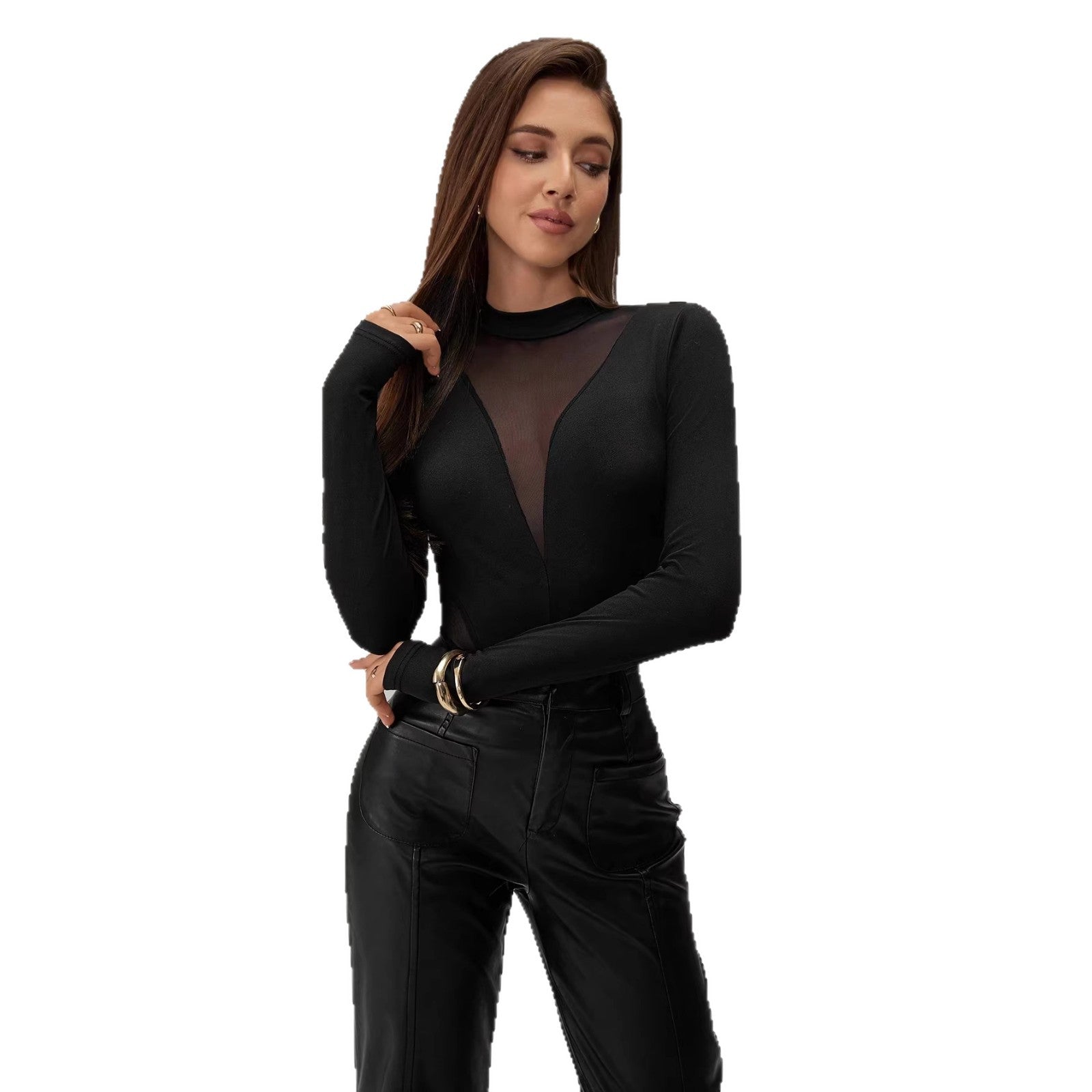 Womens Solid-Color Stand-Up Collar Mesh Sheer Long-Sleeve Jumpsuit