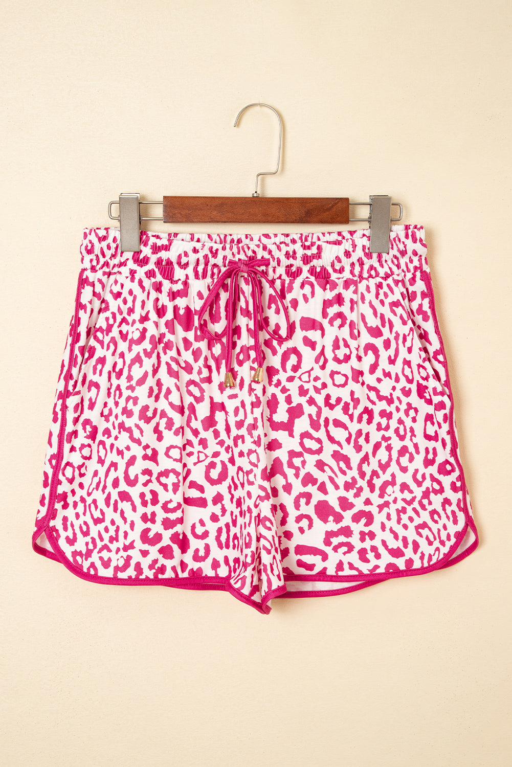 Pink Leopard Elastic Waistband Lace up Contrast Trim Casual Shorts