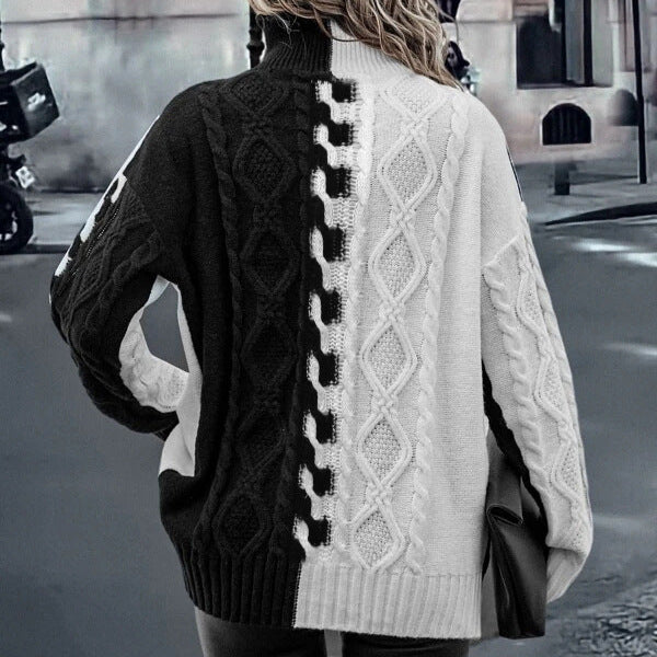 Fashion Color Contrast Black And White Splicing Knitwear Top