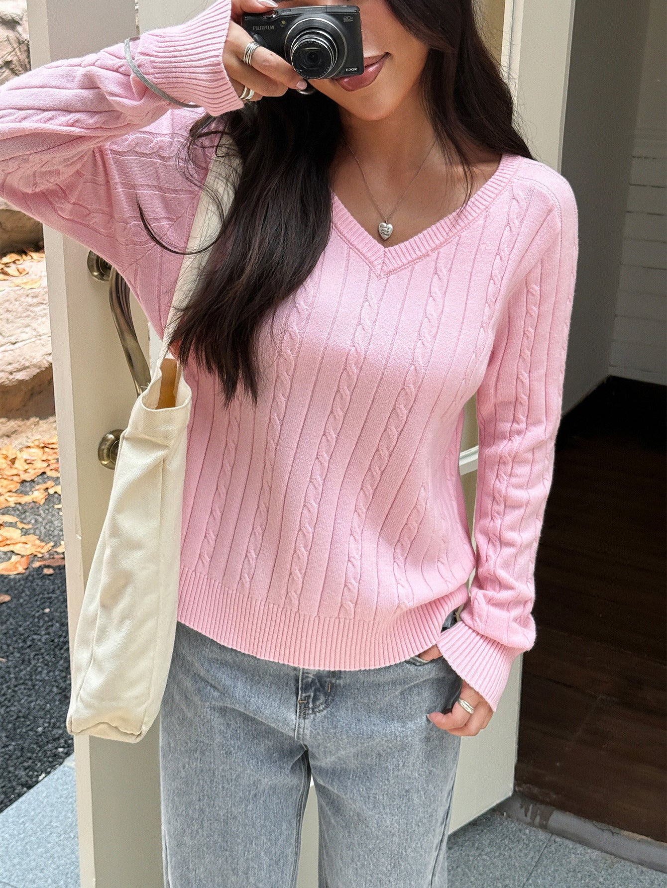 Women's V-neck Woolen Long-sleeved Sweater