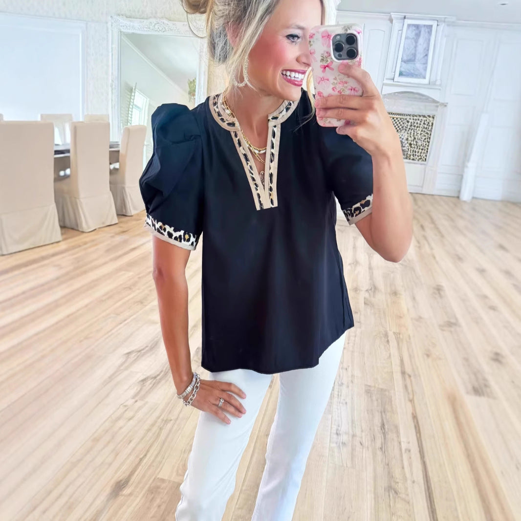 Leopard-print Contrast-color V-neck Puffed-sleeve Top