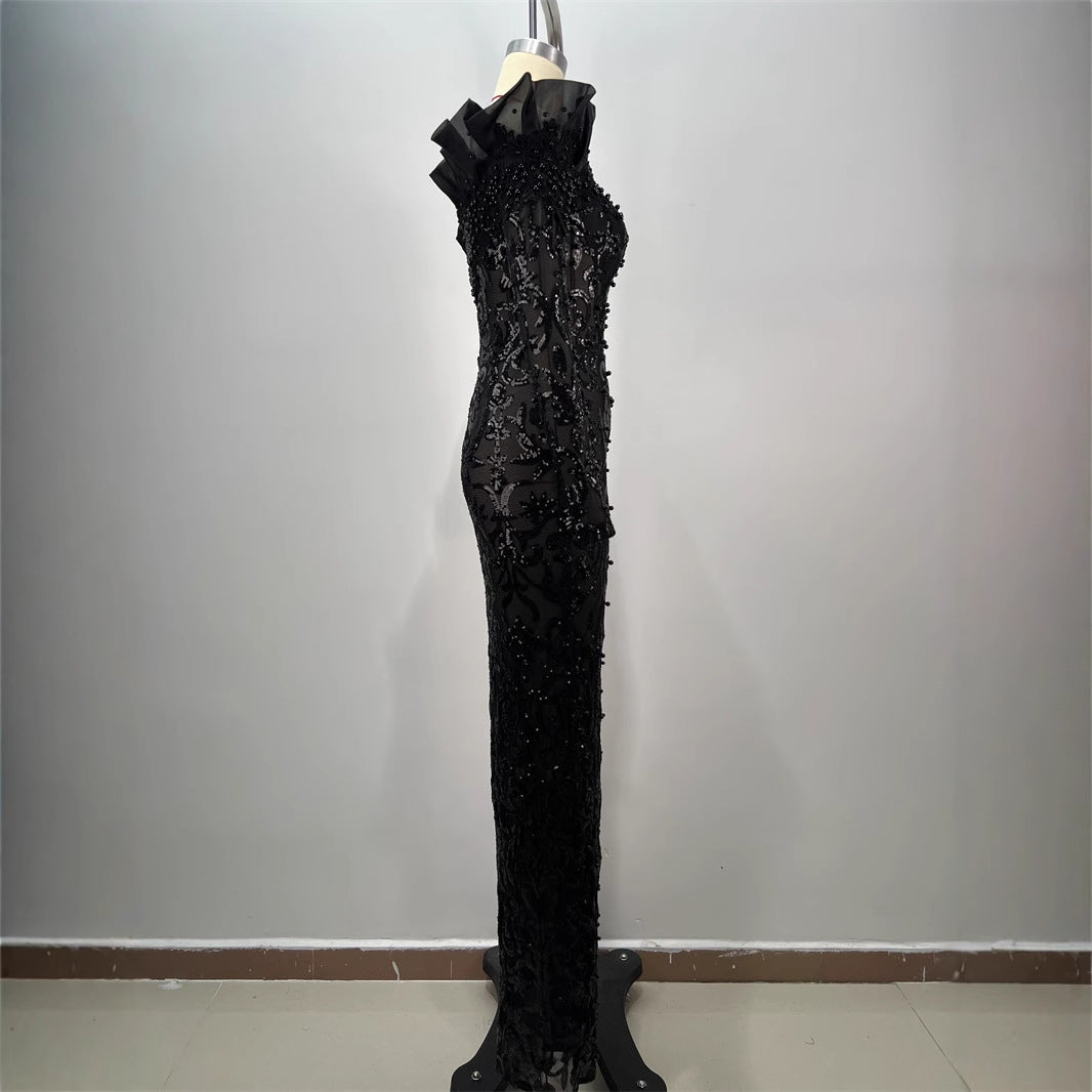 Sexy Sequins Embroidery One Shoulder High Slit Black Dress