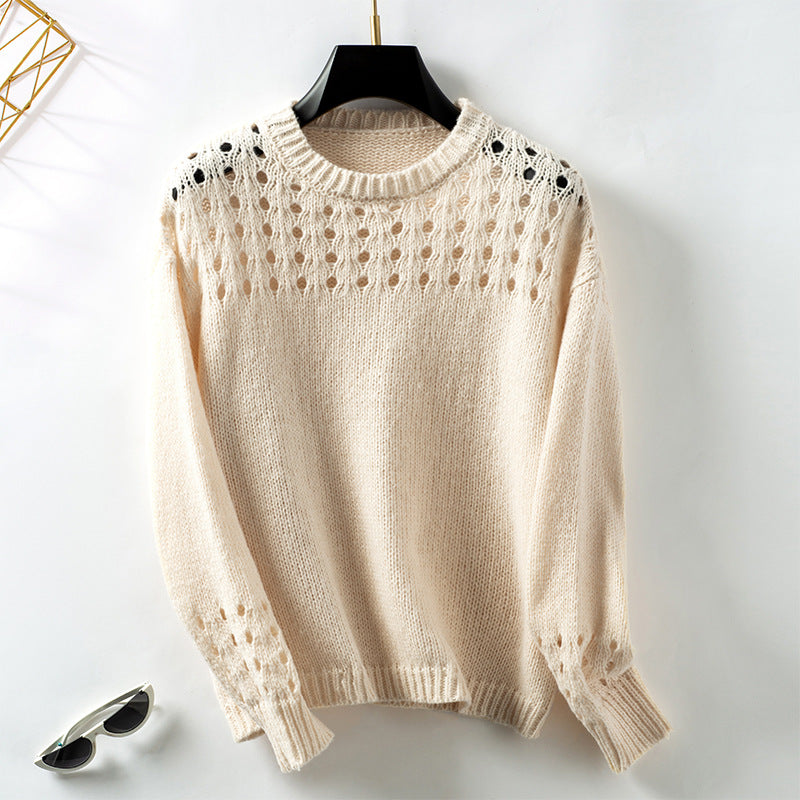 Women's Hollow Pullover Solid Color Round Neck Sweater