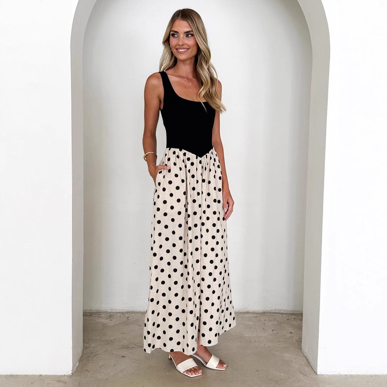 Womens Casual Polka-Dot Printed Slip Dress