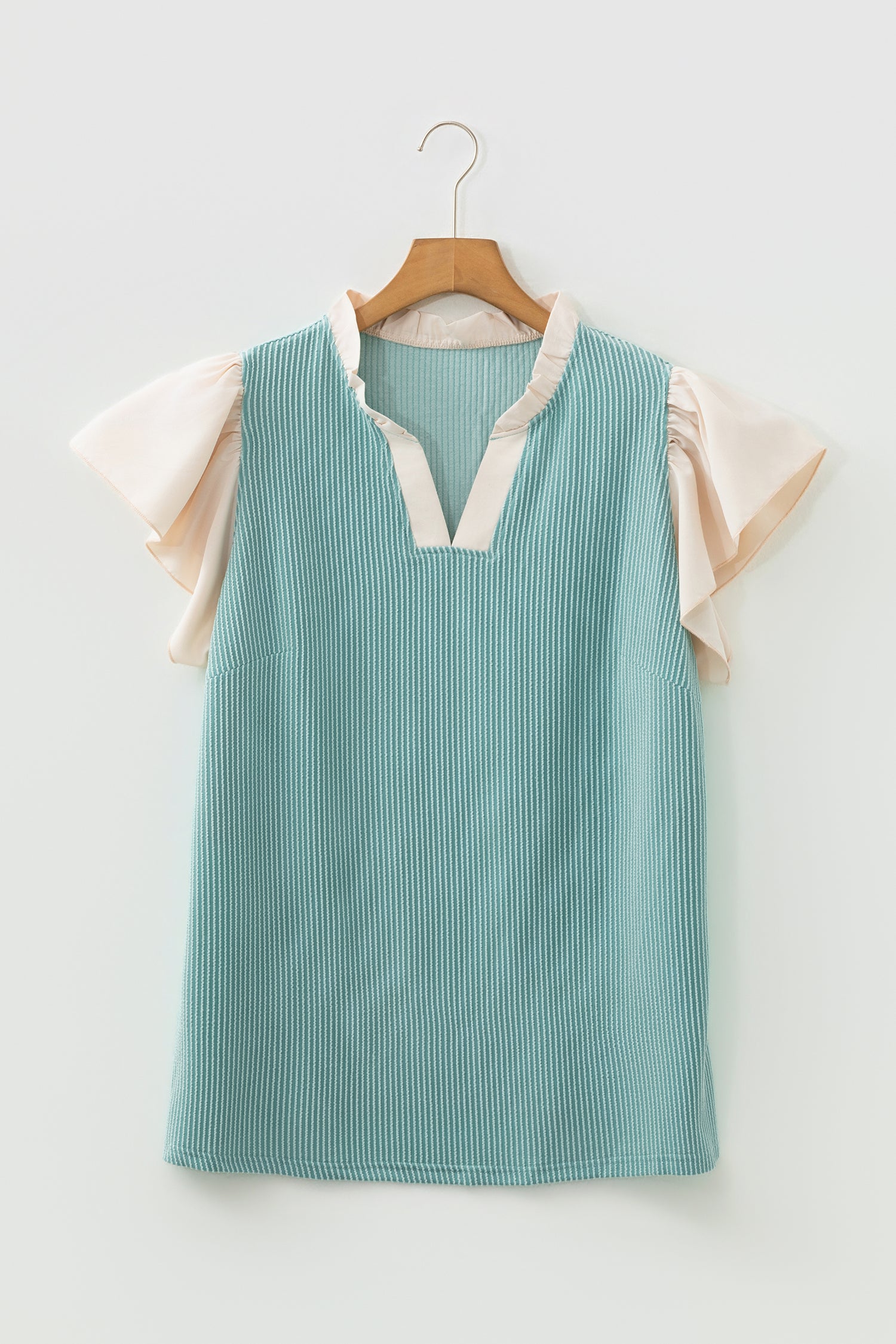 Light Blue Plus Size Contrast Frilled Neckline Ruffled Short Sleeve Ribbed Textured Blouse