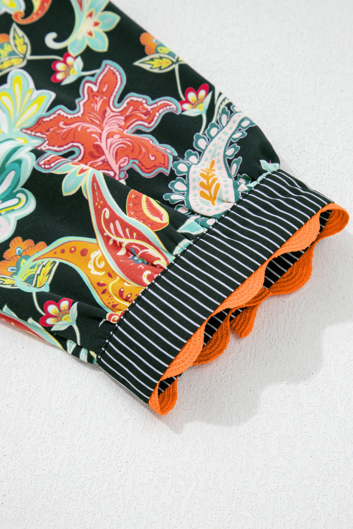 Black Contrast Ricrac Trim Striped Edge Patchwork Floral Print Blouse