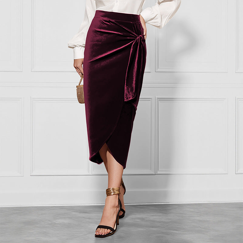New Solid Color Twisted Skirt Temperament Commute Autumn And Winter Split Velvet Dress