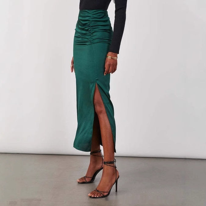 Stitching Split Elegant Silky Draping Satin Sheath Dress