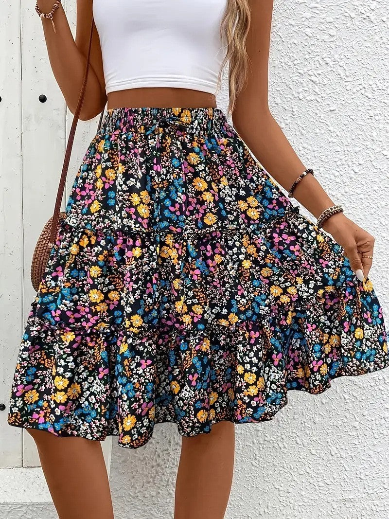Floral Print Stretch Waist Skirt Knee Layered Hem A- Line Skirt