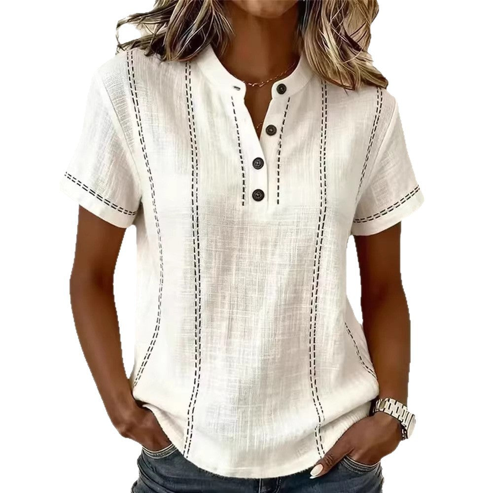 Casual Short-Sleeve Stand-Collar Solid-Color Patchwork Womens Shirt