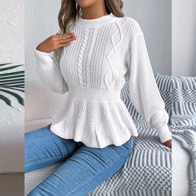 Women's Cable Knit Sweater With Peplum Hem Round Neck Ribbed Waist Top For Spring And Fall