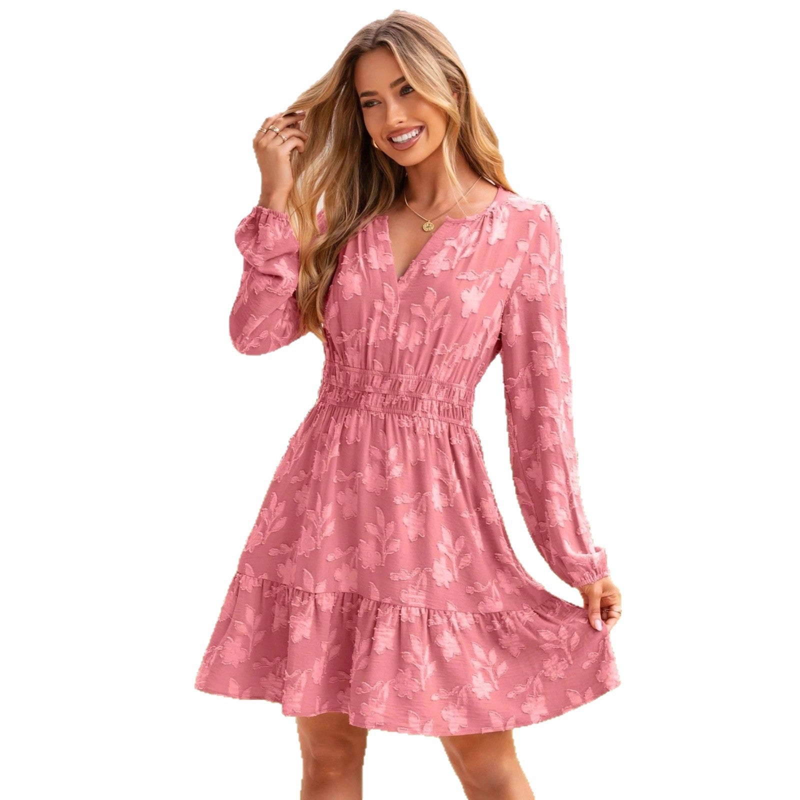 V Neck Elastic Waist Flared Womens Dress With Long Sleeves And Ruffled Hem