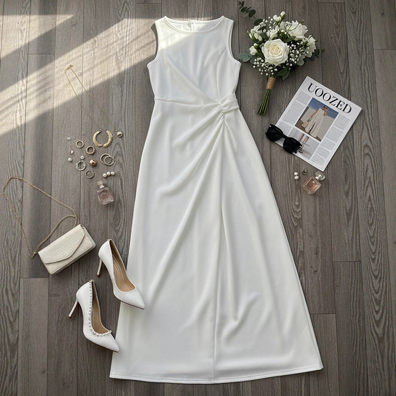 European And American-style Pleated Solid-color Patchwork Sleeveless Long Dress With A Round Neck