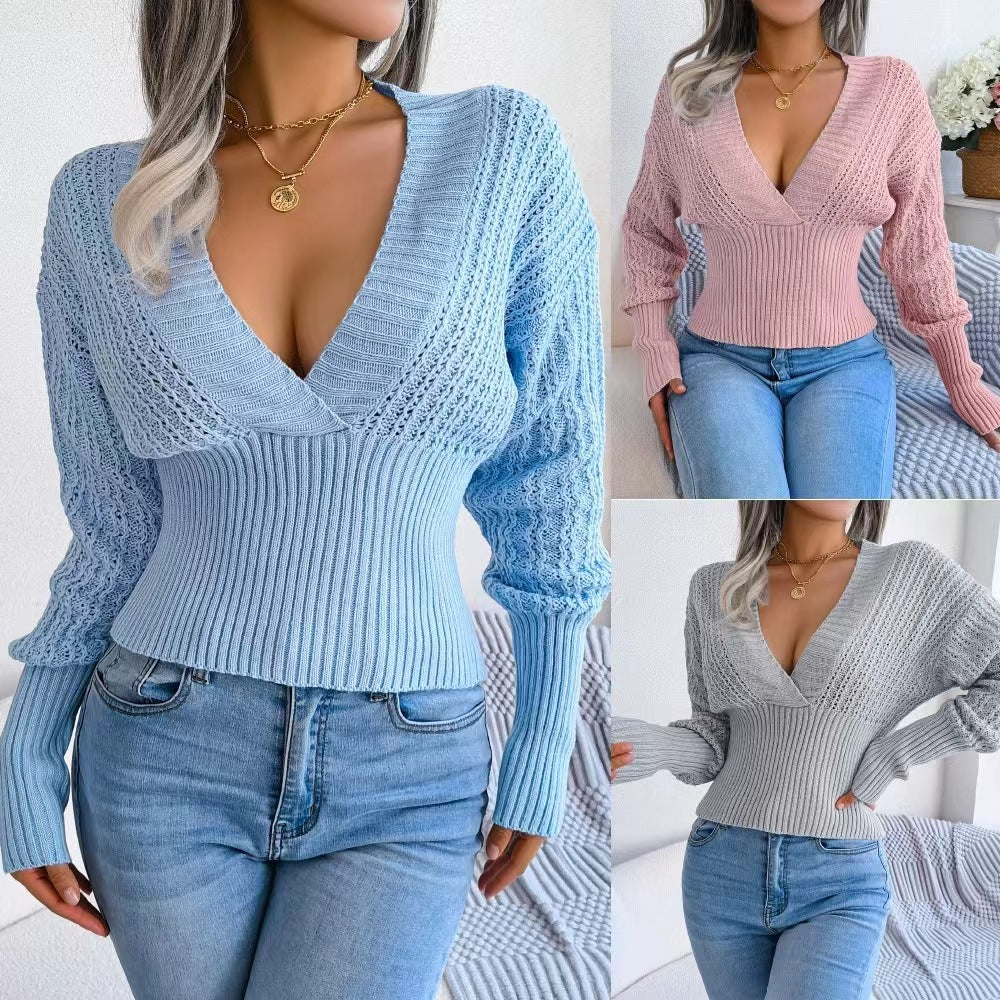 Women's Hollow-out Short Sexy V-neck Batwing Sleeve Sweater
