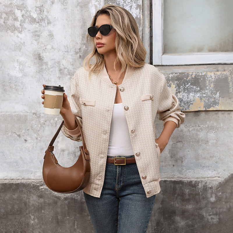 Retro Debutante Style Baseball Uniform Loose Baseball Collar Plaid Jacket