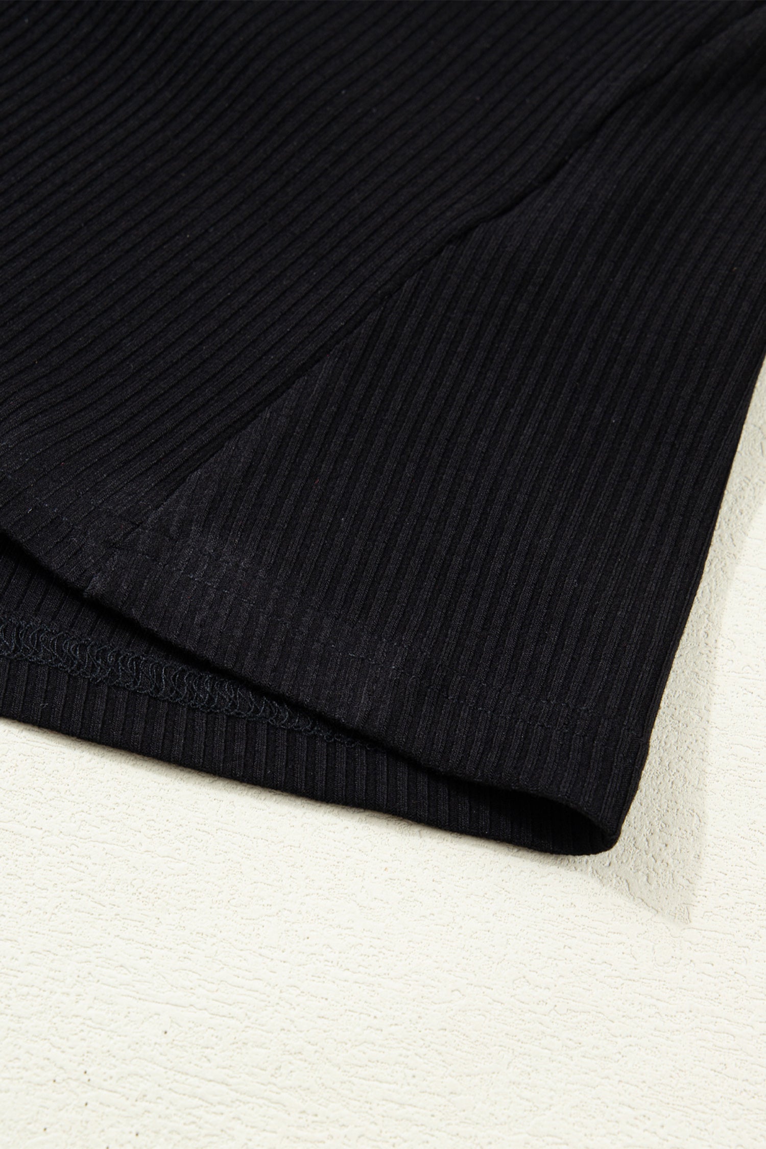 Black Solid Color Ribbed Knit Lace Trim Button Down Short Sleeve Top