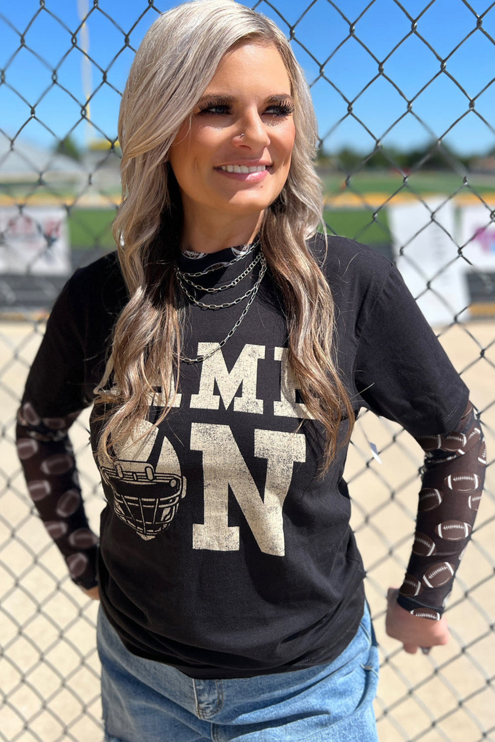 Black Baseball Game Day Sheer Mesh Long Sleeve Top