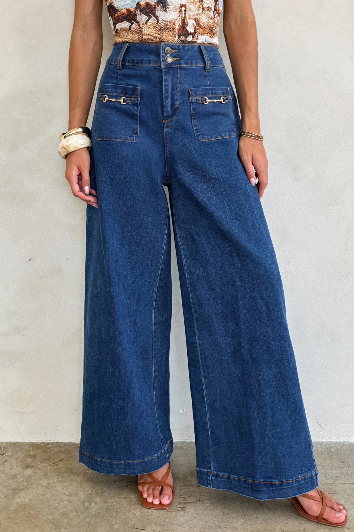 Sail Blue Hardware Decor Patched Pockets Wide Leg Denim Pants