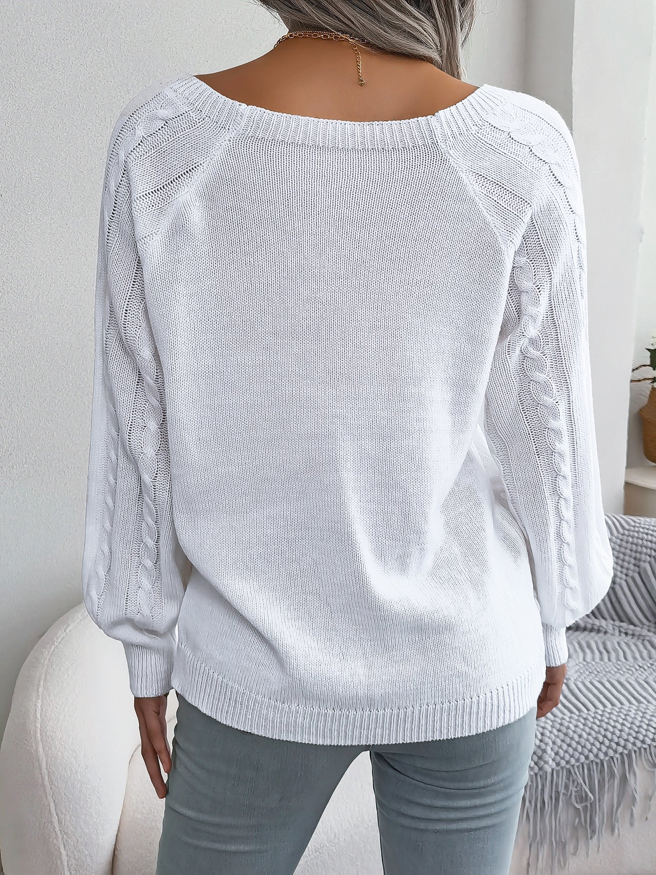 Casual Square Neck Buttoned Cable Knit Pullover Sweater