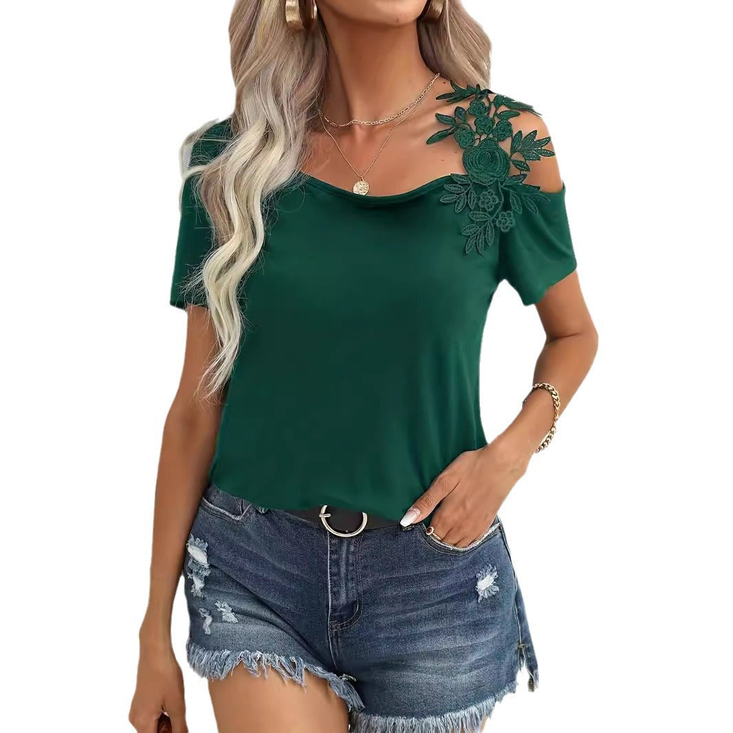 New Solid Color Stitching Fashion Lace T-shirt Women's Top