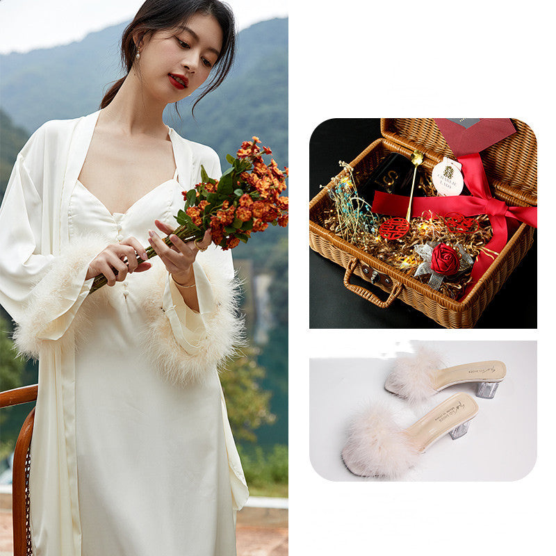 Bride's Ice Silk Cuff Feather Decoration Wedding Morning Robe