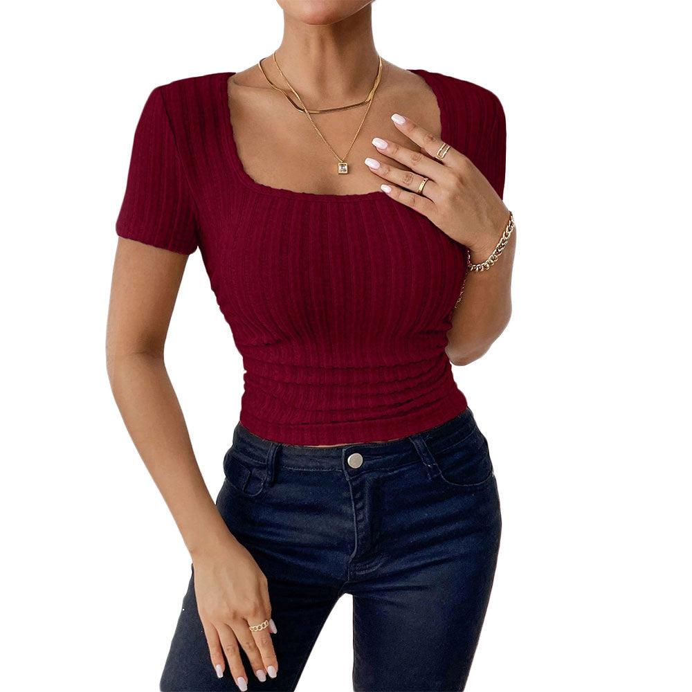 T-shirt With A Mature And Elegant Style Wine-red Short-sleeved Top