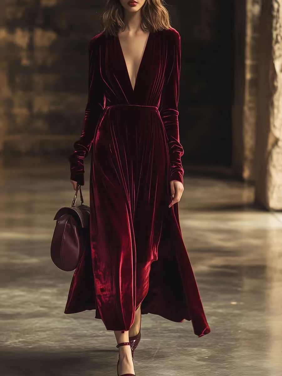 Cropped-waist Deep-V-neck Long Dress With Ruched Detailing