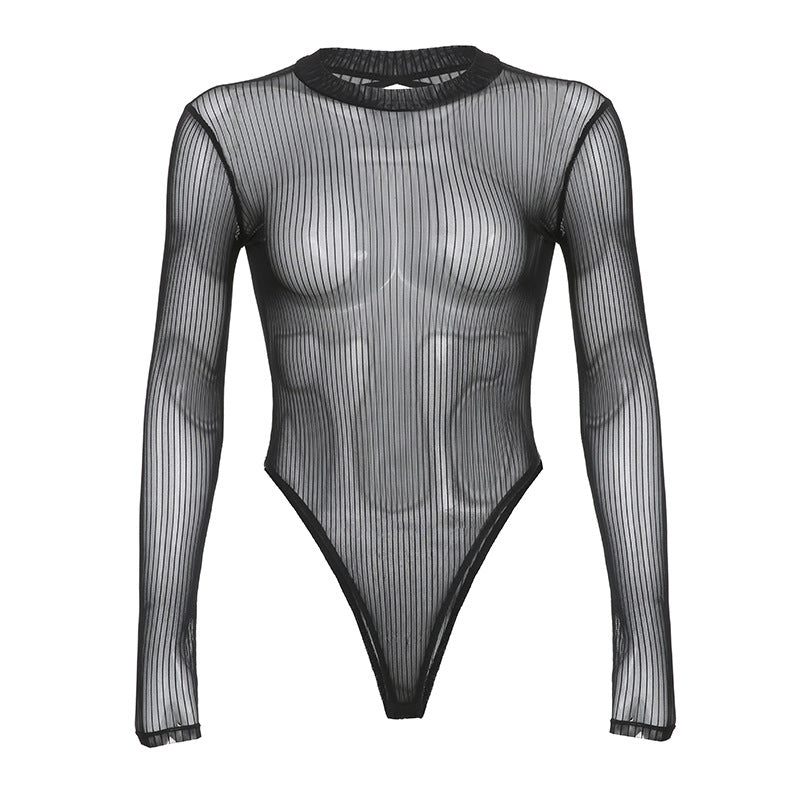 European And American Style Mesh See-through Sexy Sexy Top Women's Round Neck Long Sleeve Jumpsuit