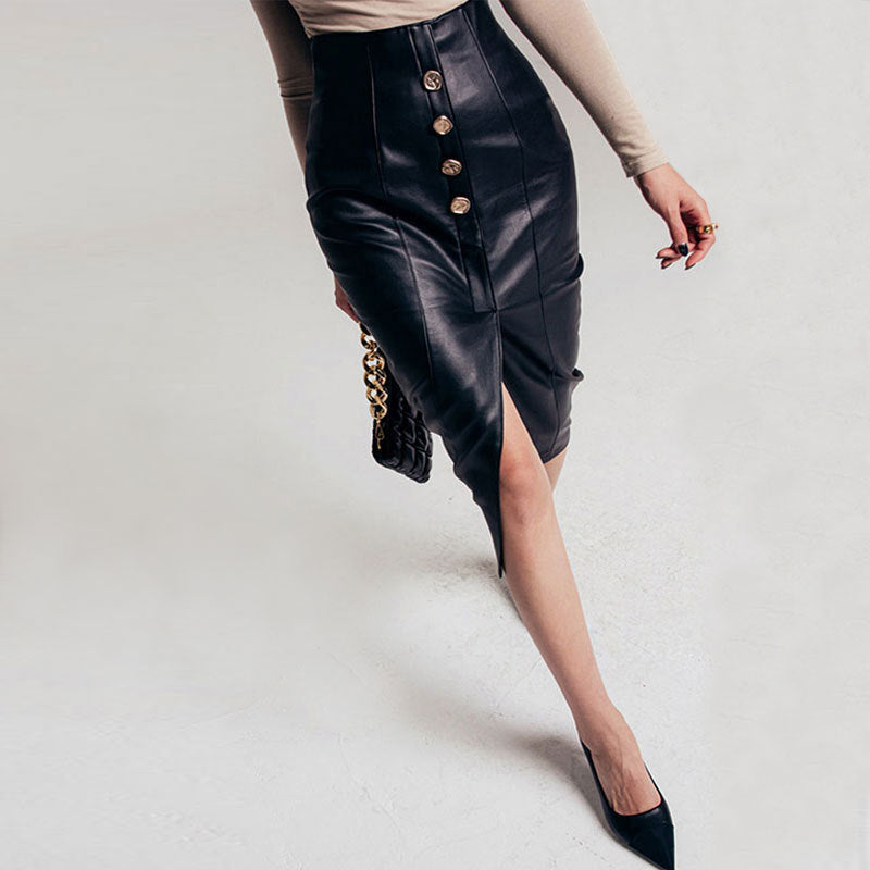 Womens Over-the-Knee PU Leather Skirt With A Slit