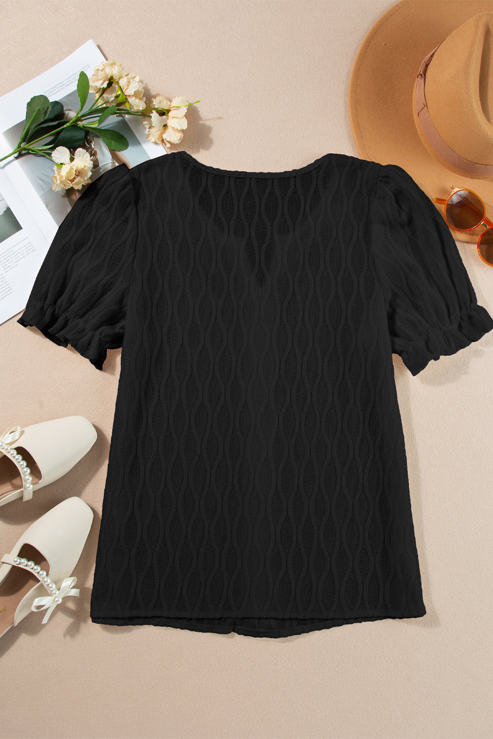 Black Solid Color Textured Notched Neck Puff Sleeve Blouse