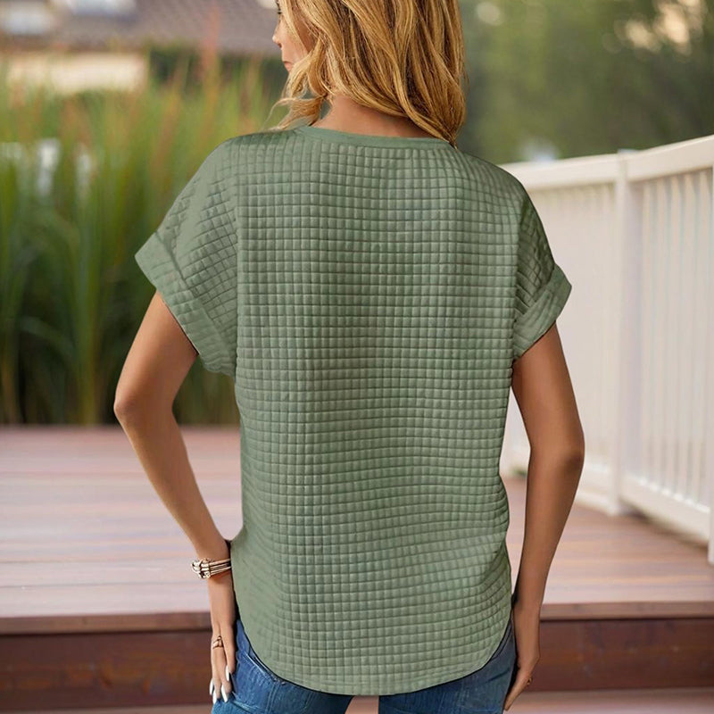 Women's Solid Color Round Neck Short Sleeve Top - Textured Cuff Detail Comfortable Summer Casual Tee