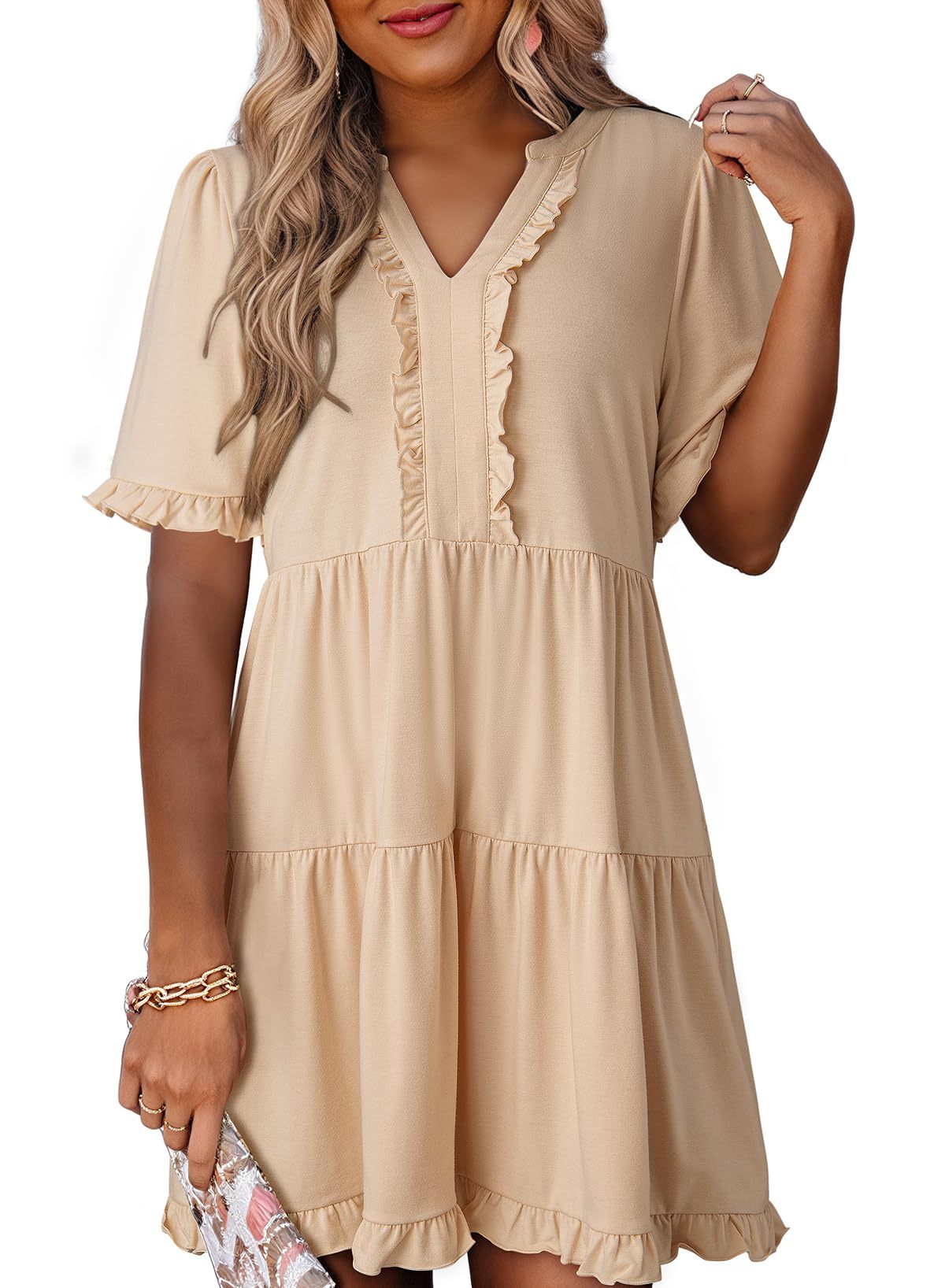 Womens Dresses Summer Spring V Neck Short Sleeve Casual A Line Flowy Swing Dress Mini Dress
