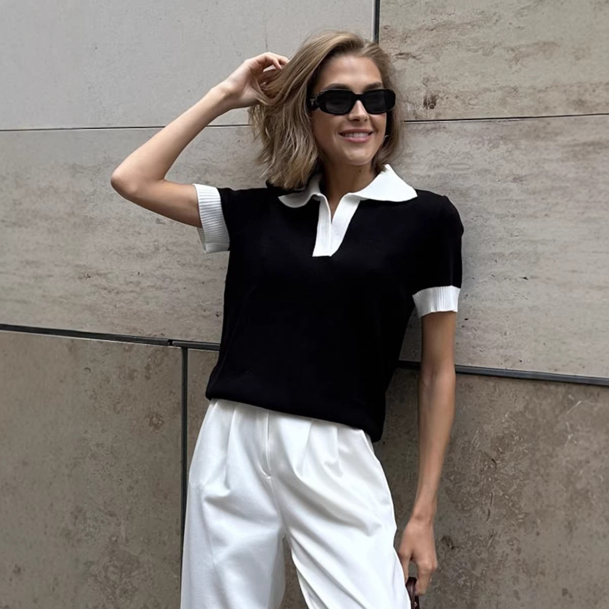 Elegant Commuter Polo-Neck Contrast-Color Loose Knit Top