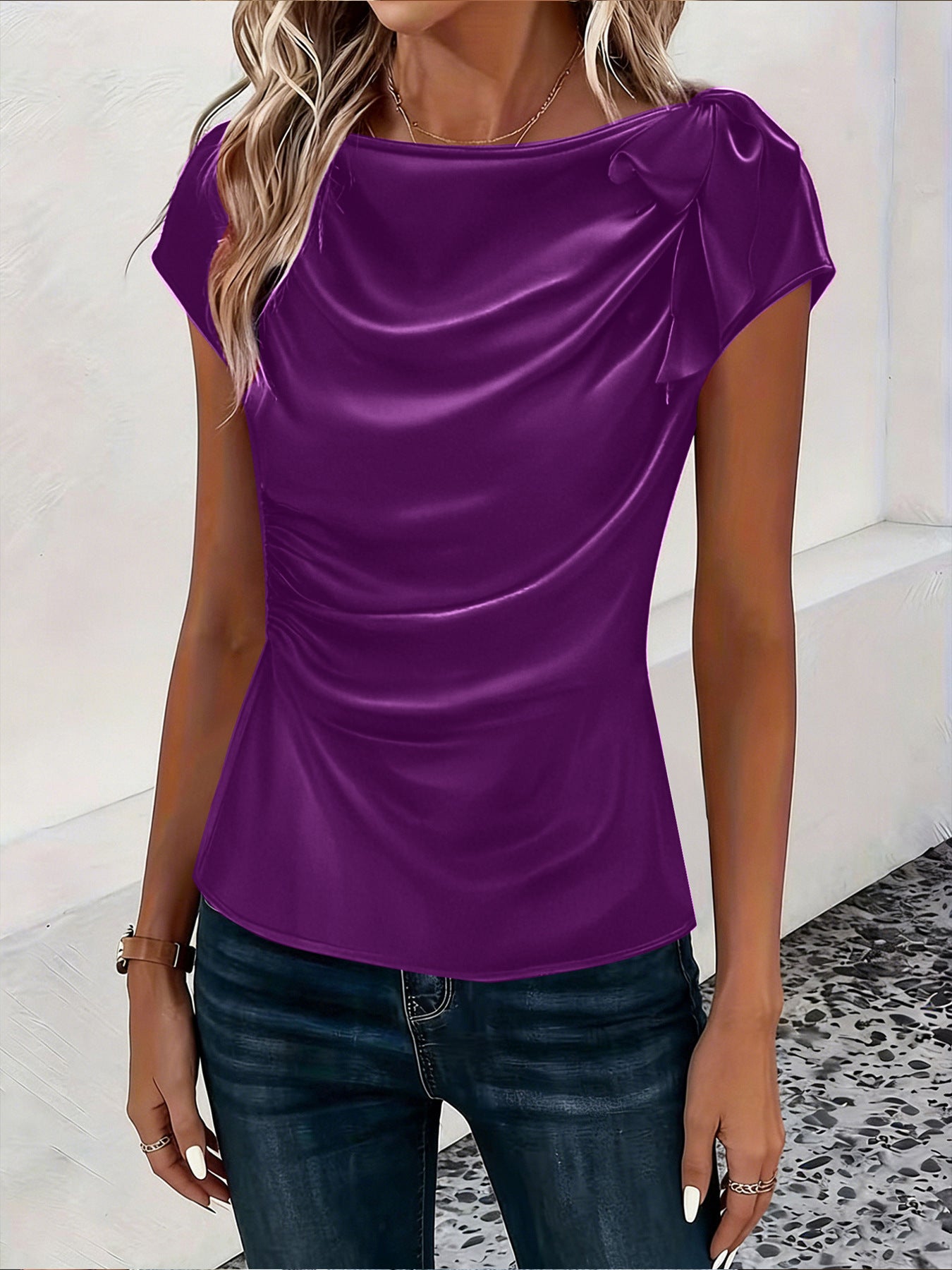 Solid-color Satin Faux-silk Off-the-shoulder Sleeveless Work Top