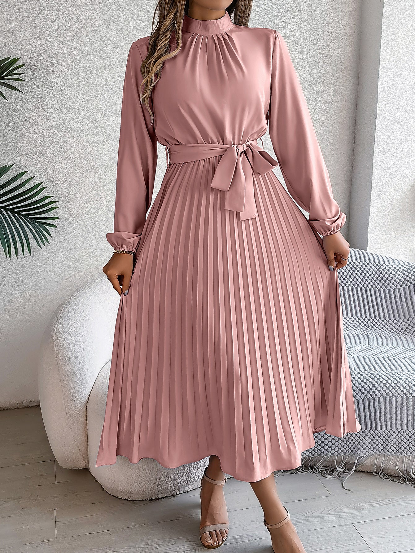 Women's Elegant Stand Collar Long Sleeve Tie Waist Pleated Maxi Evening Dress