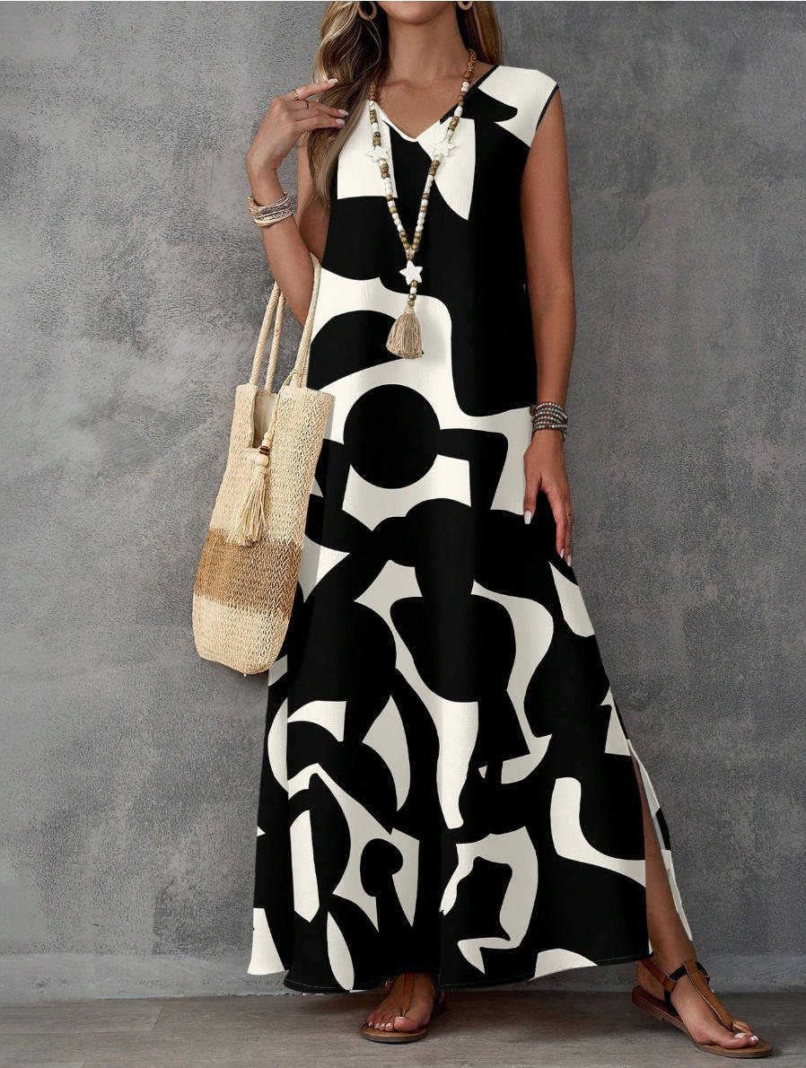 Womens V Neck Printed Maxi Dress Loose Fitting Dress