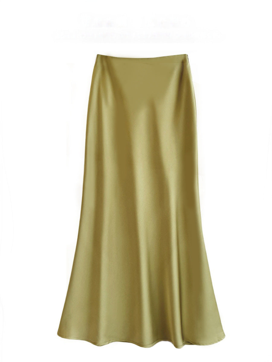 High Waist Mid-length Satin Acetate Silky Skirt