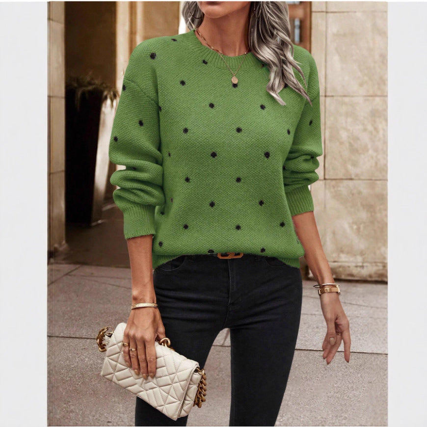 Fashion Round Neck Long Sleeve Pullover Sweater Polka Dot Print Knitwear