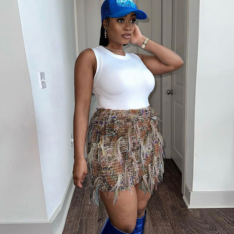 Street Trend Creative Stripes Tassel High Waist Slim Fit Skirt Women