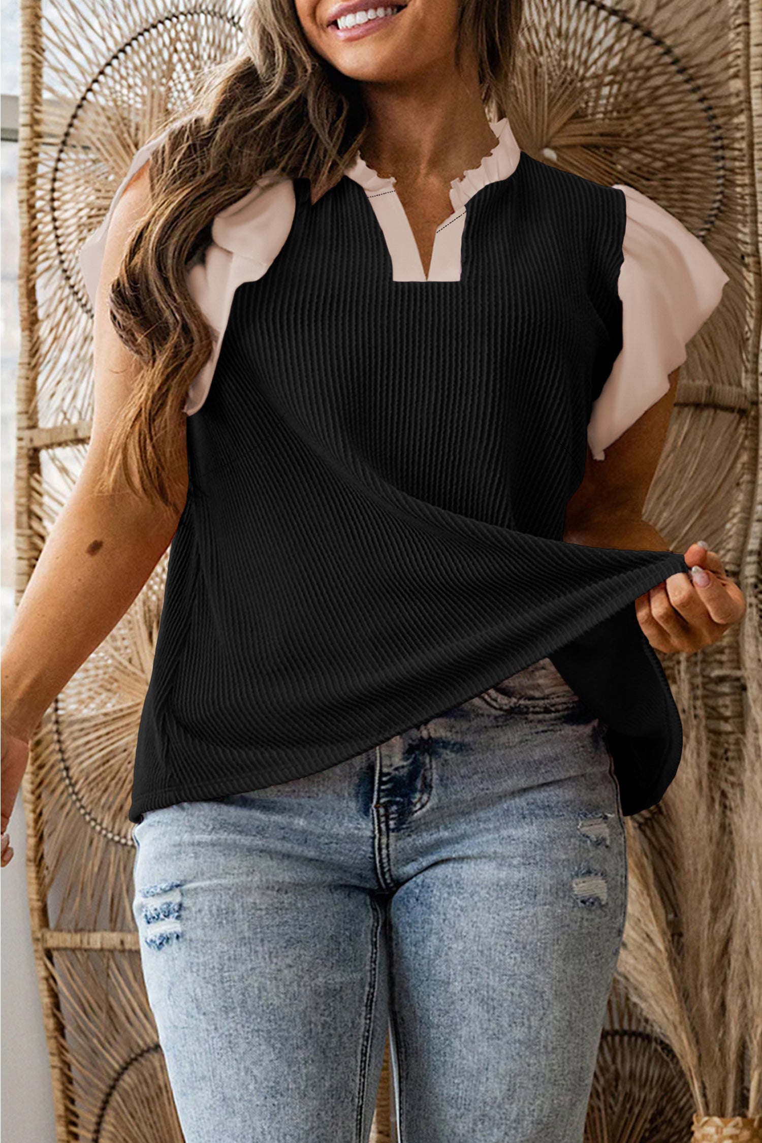 Black Plus Size Contrast Frilled Neckline Ruffled Short Sleeve Ribbed Textured Blouse