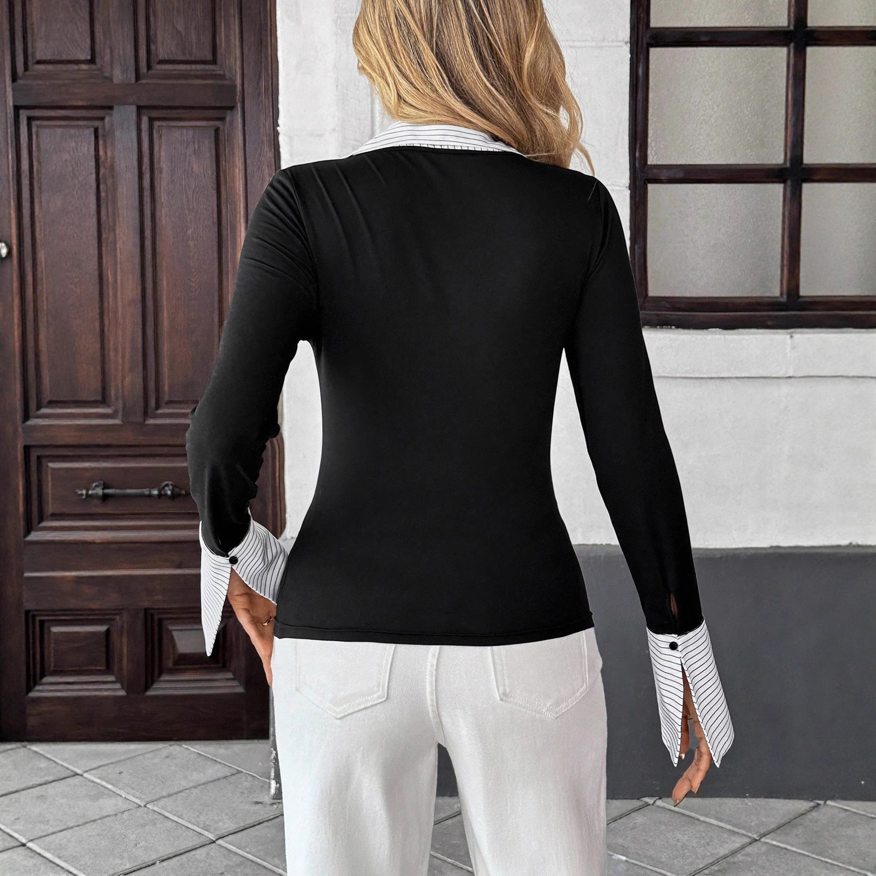 Women's Knit Fake Two-Piece Long Sleeve T-Shirt