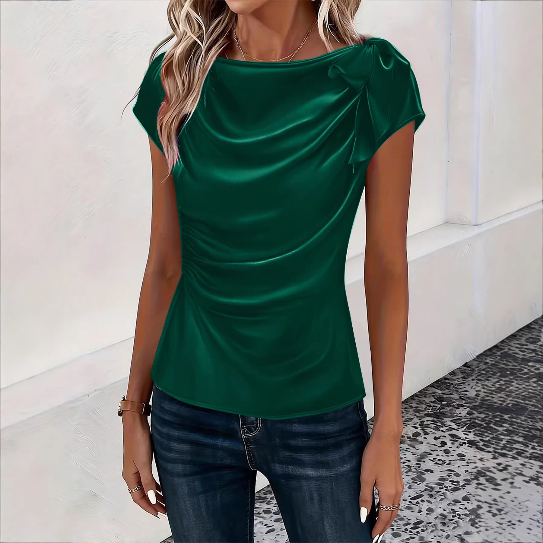 Solid-color Satin Faux-silk Off-the-shoulder Sleeveless Work Top