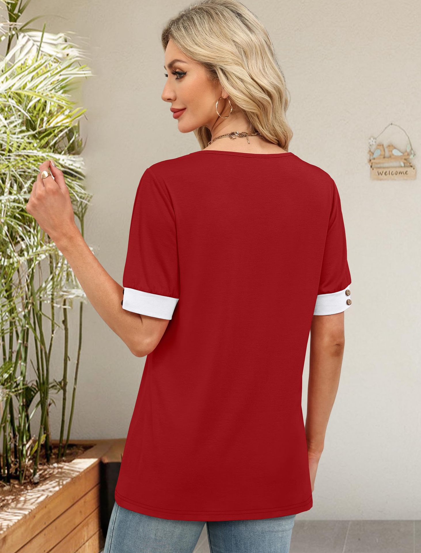 V-neck Contrast-Color Sleeveless All-Match Buttoned Pullover Short-Sleeve Top