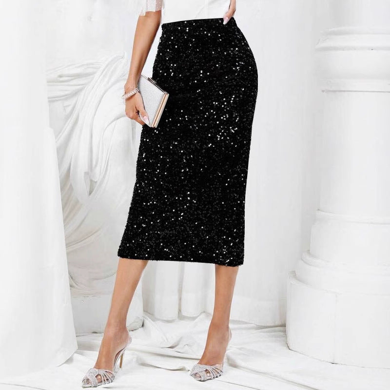 Elegant Sequin Waistband Elastic Skirt