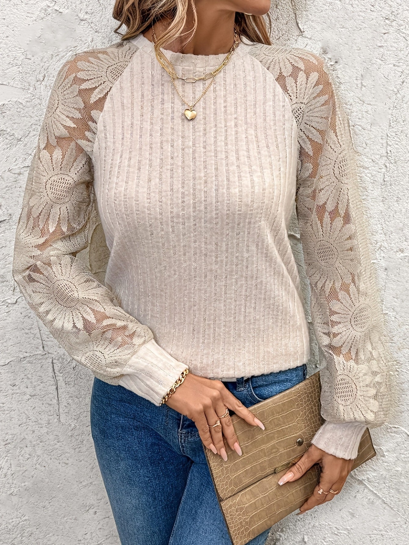 Round Neck Hollow Out Pullover Lace Stitching Long Sleeve Top